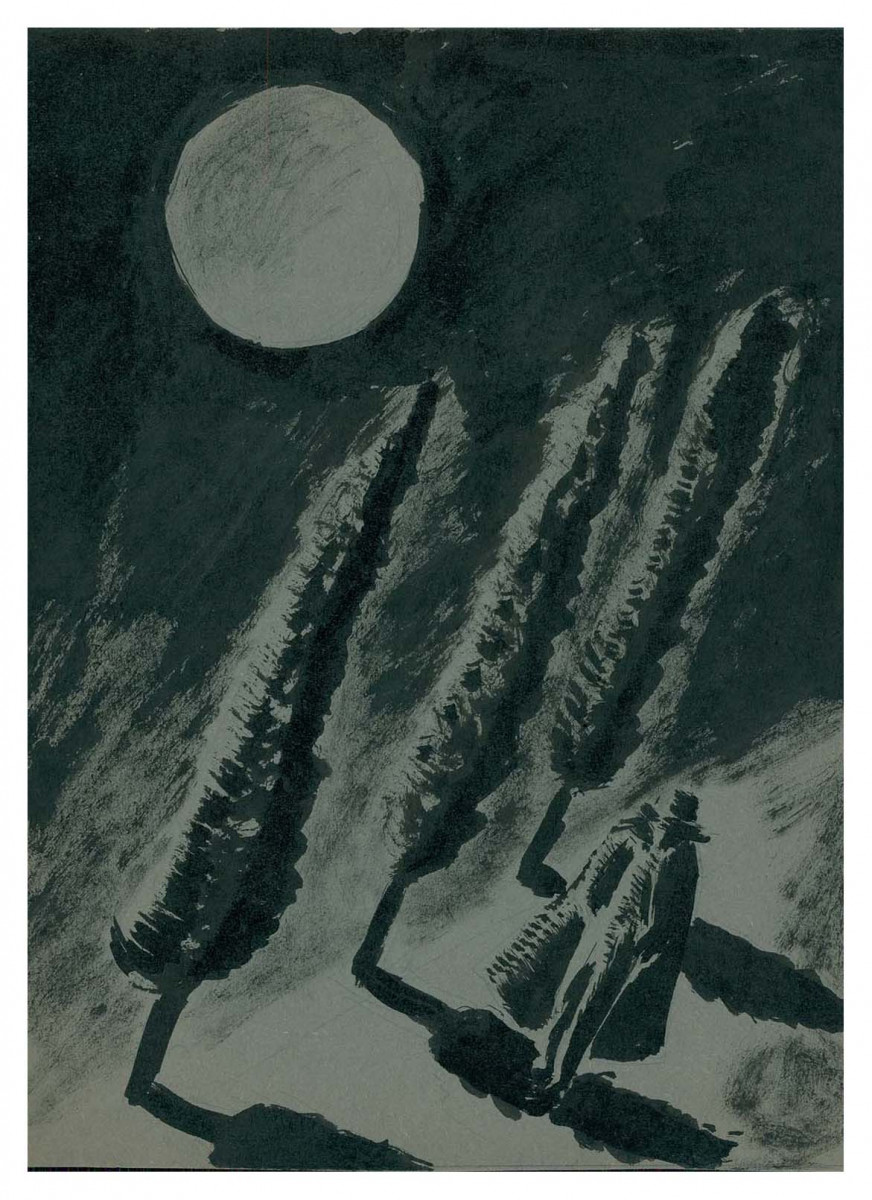 Mężczyzna w pelerynie i kapeluszu na drodze, na którą pada cień 3 drzew. Na niebie księżyc w pełni