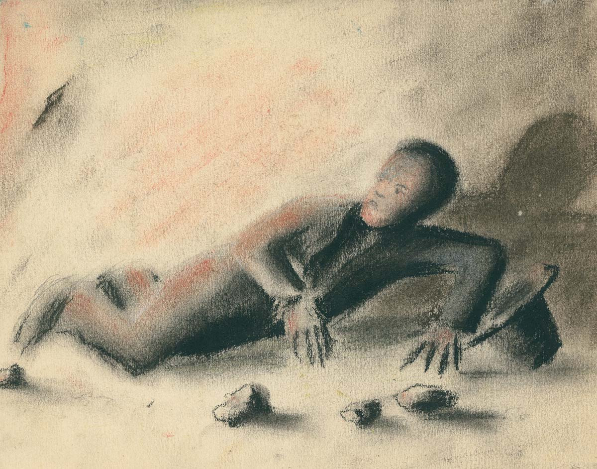 Mężczyzna, leżący na ziemi wśród kamieni, obok jego kapelusz, na murze cień leżącego