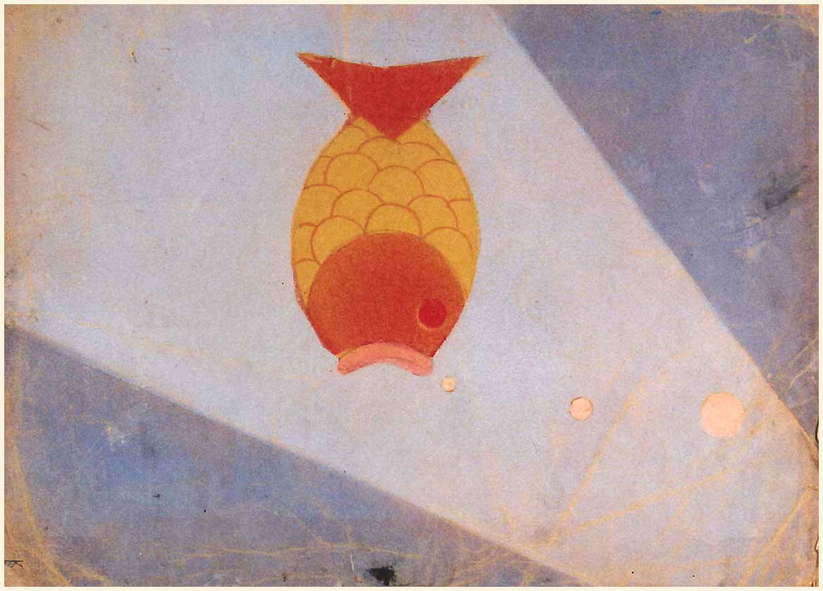 Żółto-czerwona ryba skierowana łbem do dołu, obok bąbelki. Tło podzielone na trzy