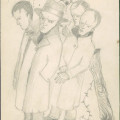 Pięciu mężczyzn w płaszczach; stoją gniewni pod księżycem owiniętym sznurem, opadającym na ziemię