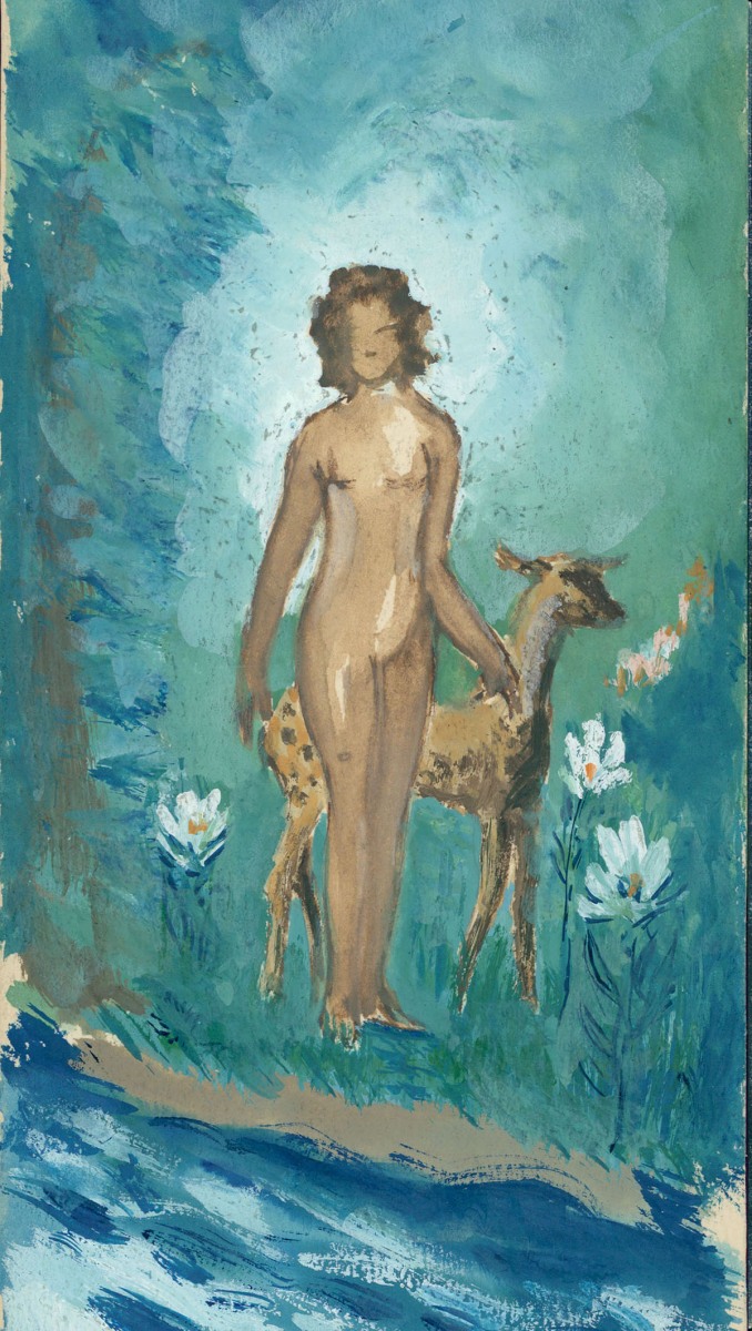 Naga dziewczyna z łanią, stojąca wśród kwiatów na niebieskiej łące nad strumieniem 