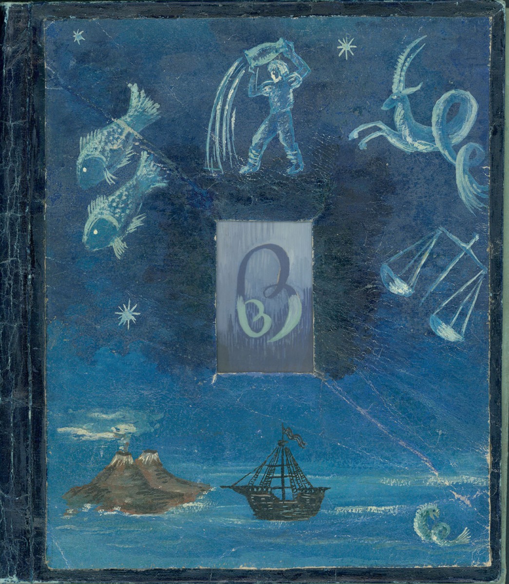 Na niebie ryby, wodnik, koziorożec i waga, w środku spleciony monogram BB, na morzu 2 wyspy i statek 