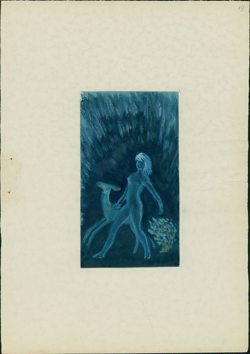Naga dziewczyna, idąca z łanią u boku. Sylwetki i tło niebieskie, kontury białe; z prawej krzak