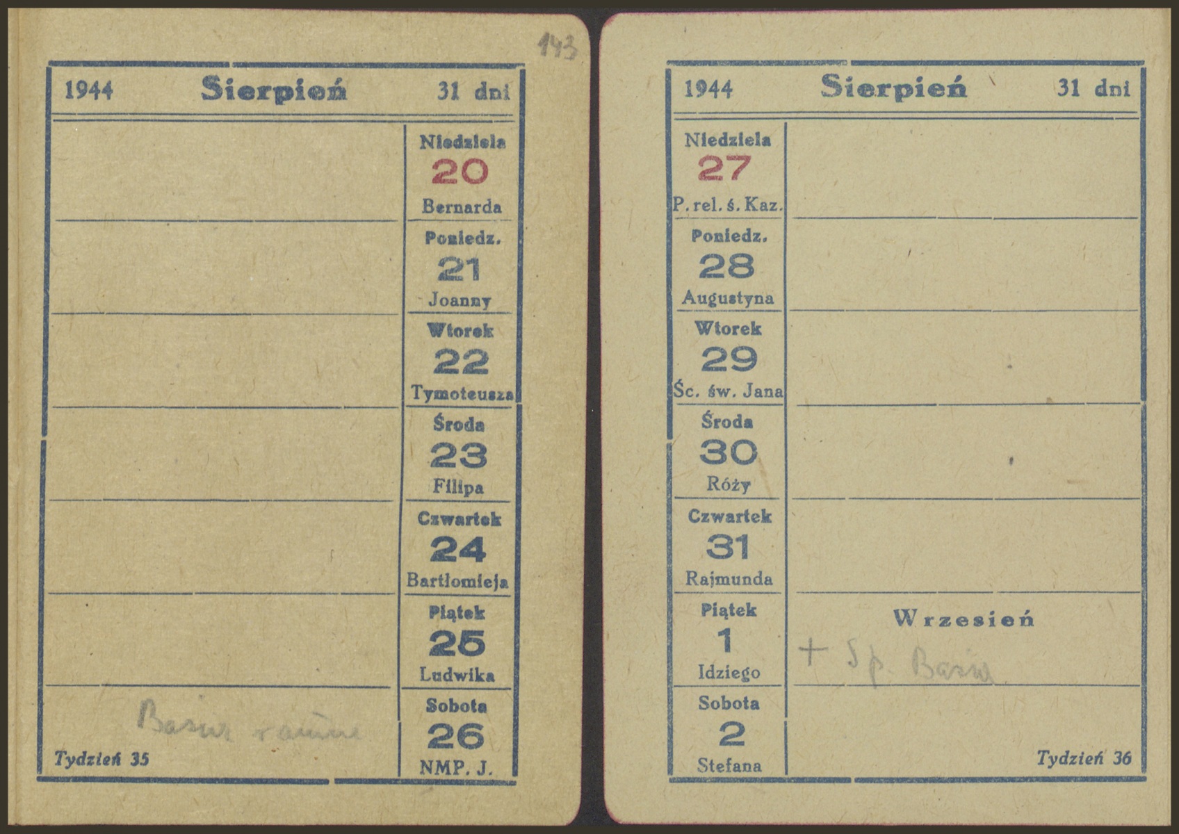 Kartka pożółkłego kalendarza z nadrukowanym podziałem na daty i odręczną notatką ołówkiem 