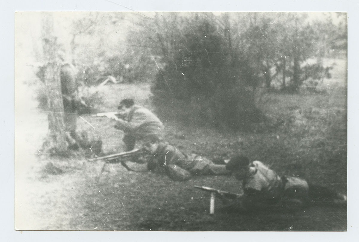 trzech mężczyzn mierzących z broni, kucających lub leżących na leśnej polanie