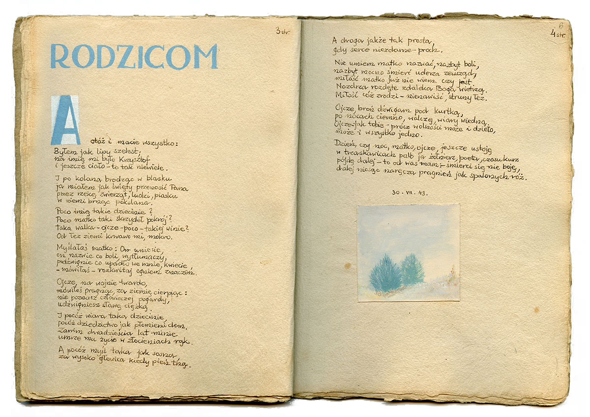 Tekst wykaligrafowany tuszem, pod nim rysunek: 2 drzewa w pustej przestrzeni w tonacji niebieskiej