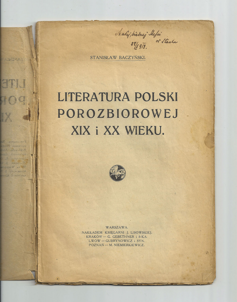 Strona tytułowa książki, tekst dedykacji w górze strony, drobnym pismem, czarnym atramentem