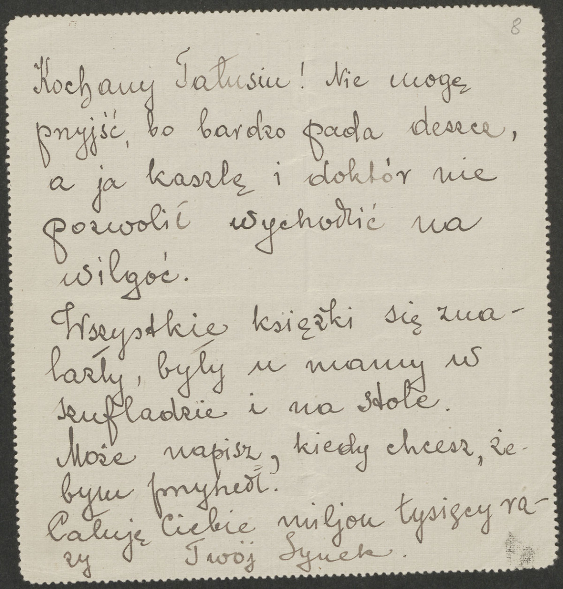 Tekst na kartce kratkowanego szarego papieru, starannym i okrągłym pismem, czarnym atramentem