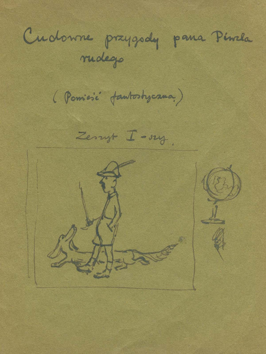 na jasnozielonej okładce tytuł i rysunek: mężczyzna w kapelusiku z piórkiem, z jamnikiem; globus