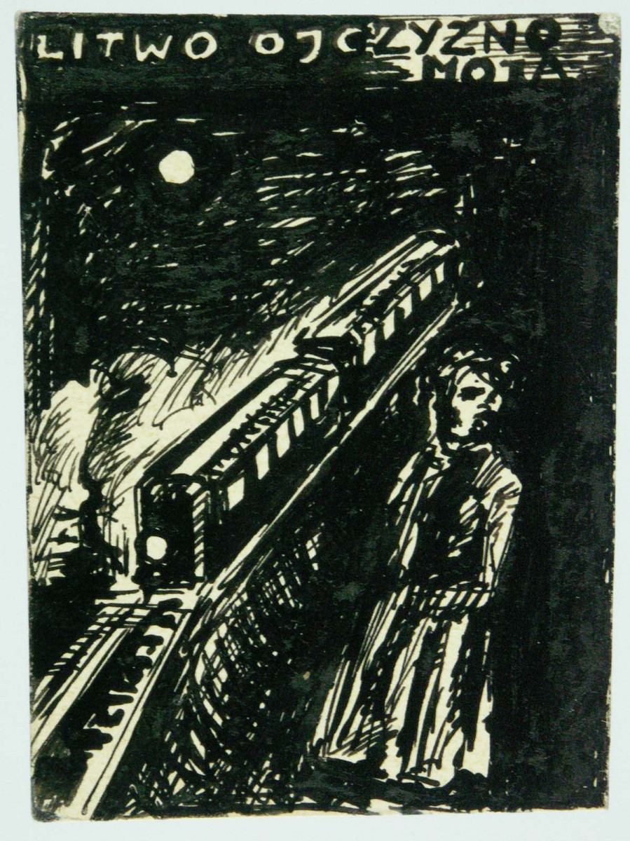 Wyłaniający się z mroku pociąg, przy torach stoi postać w długim płaszczu, u góry podpis „LITWO…”