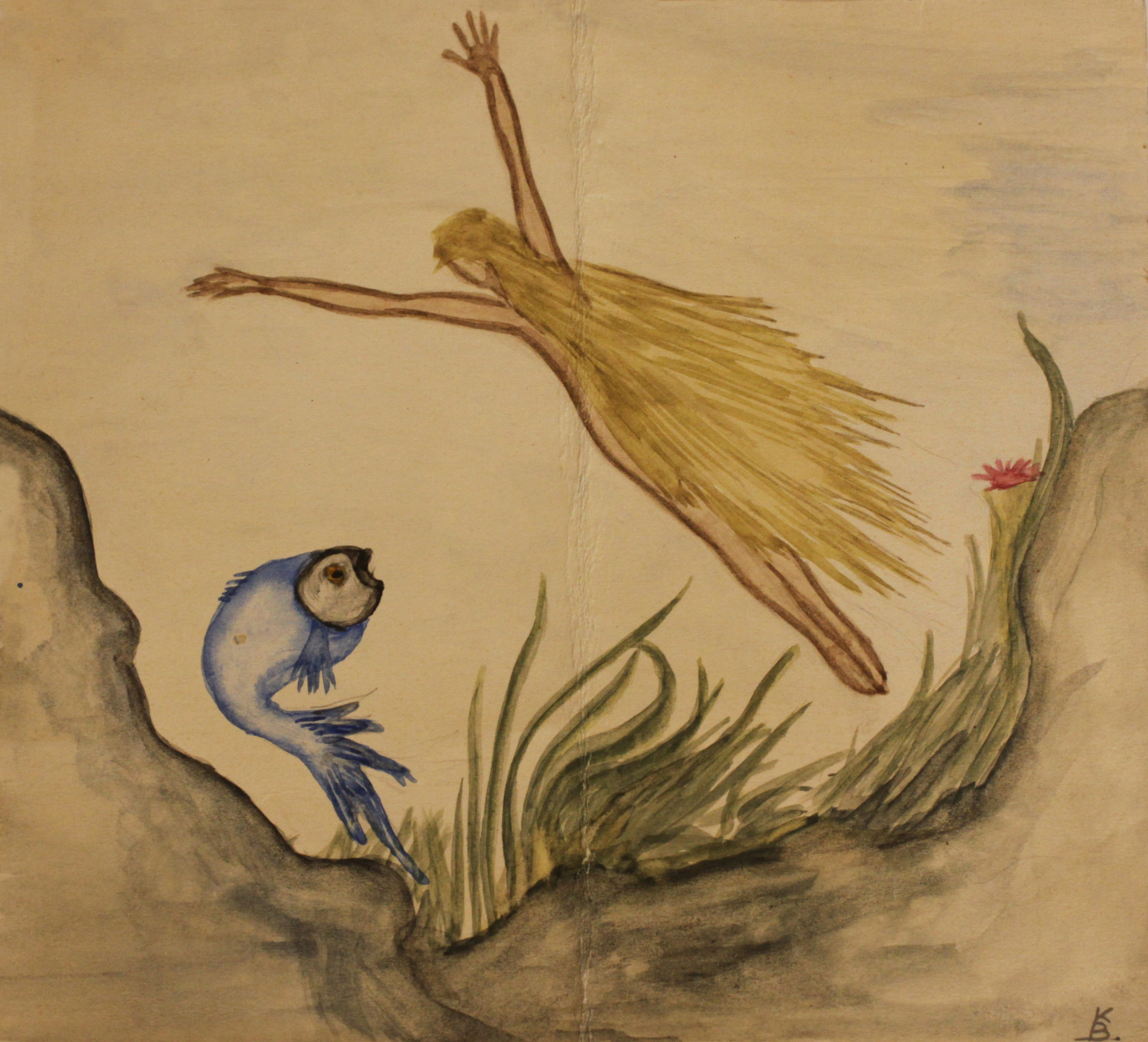 Na dnie morza niebieska ryba i dziewczyna z rozpostartymi rękami i włosami sięgającymi stóp
