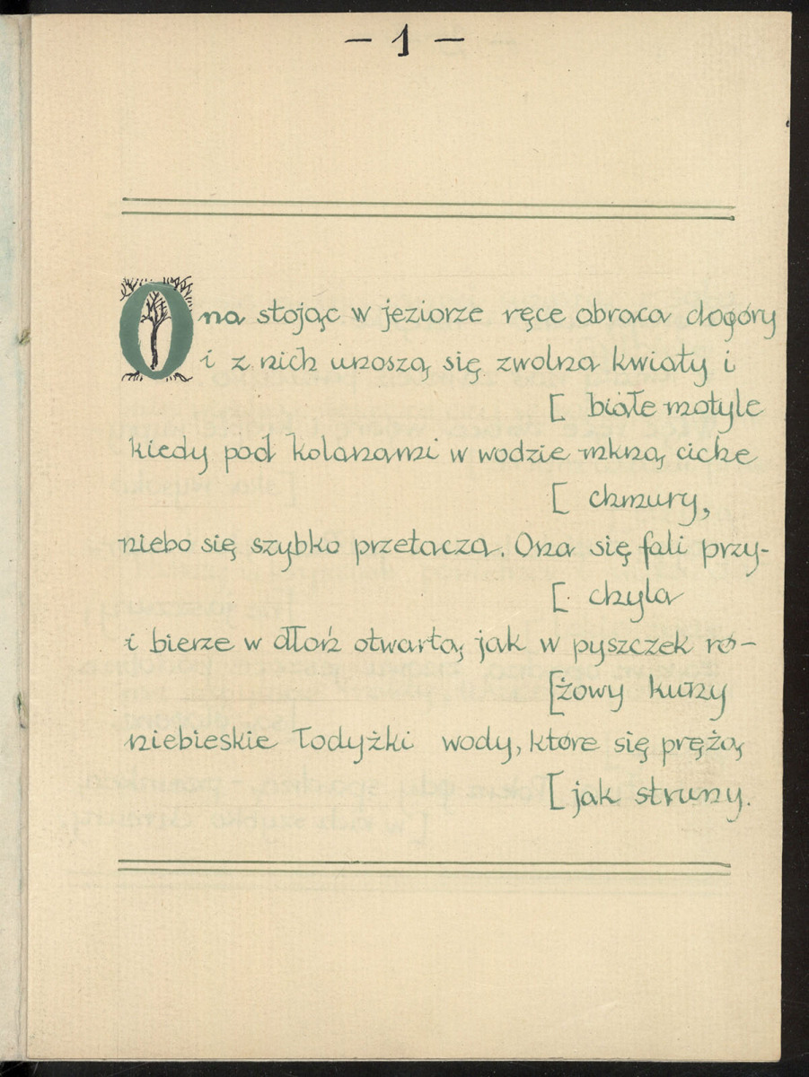 Wiersz napisany odręcznie zielonym tuszem na pożółkłym papierze w kratkę