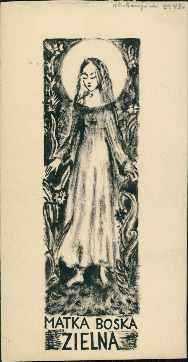 Kobieta w aureoli, stojąca wśród kwiatów. U góry: K.K. Baczyński 1942, u dołu: MATKA BOSKA ZIELNA