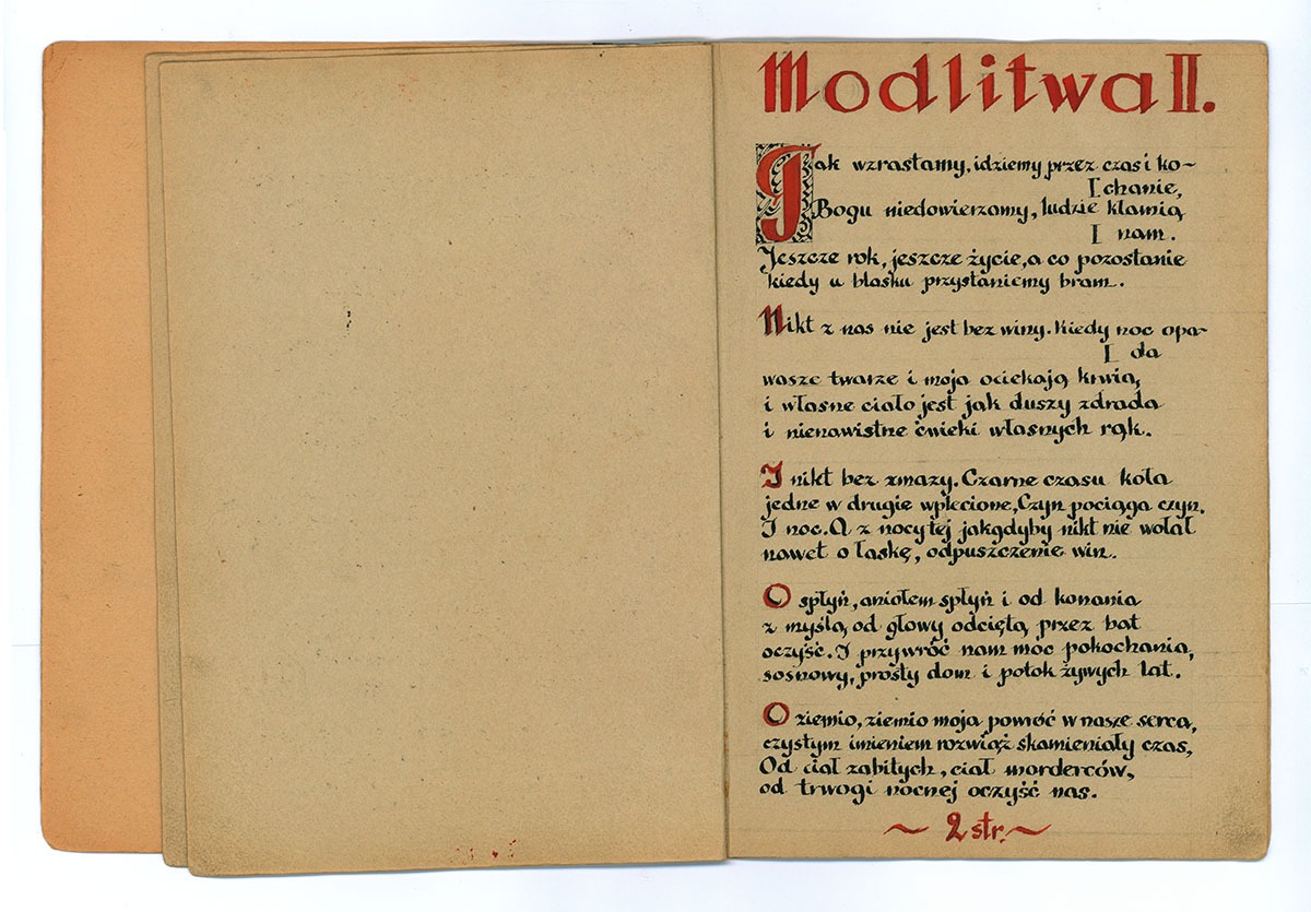 tekst czarnym tuszem; tytuł, inicjały, numer strony w kolorze czerwonym na szarym papierze czerpanym