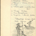 Odręczny tekst w punktach i rysunek: rycerz na brzegu i statek z dziobem w kształcie końskiej głowy